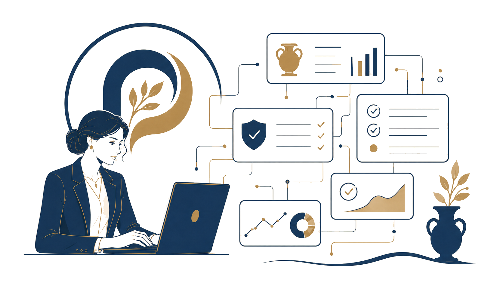Illustration: an operator at a laptop amid the moving parts of preneed administration &mdash; trustee statements, reconciliation, compliance, and state filings.