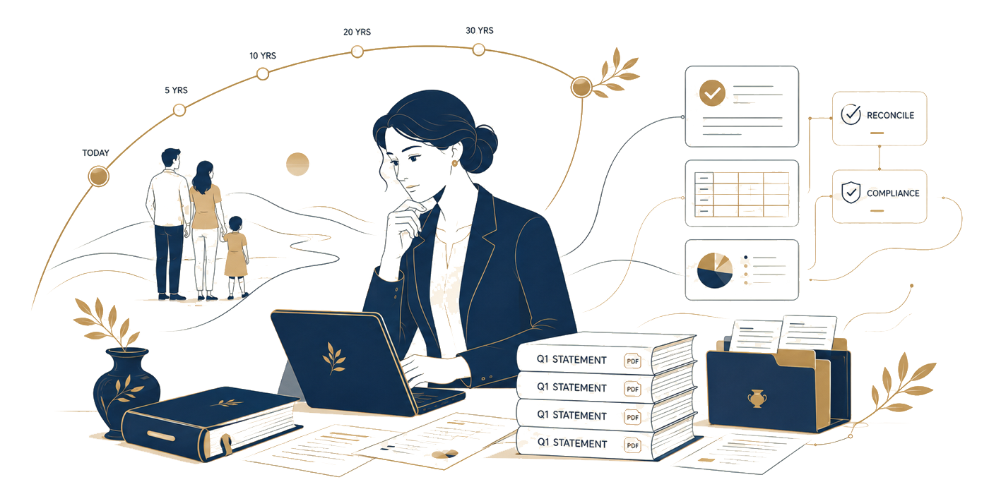 Illustration: a long time horizon of preneed contracts &mdash; decades of statements reconciled and kept compliant for the families behind them.